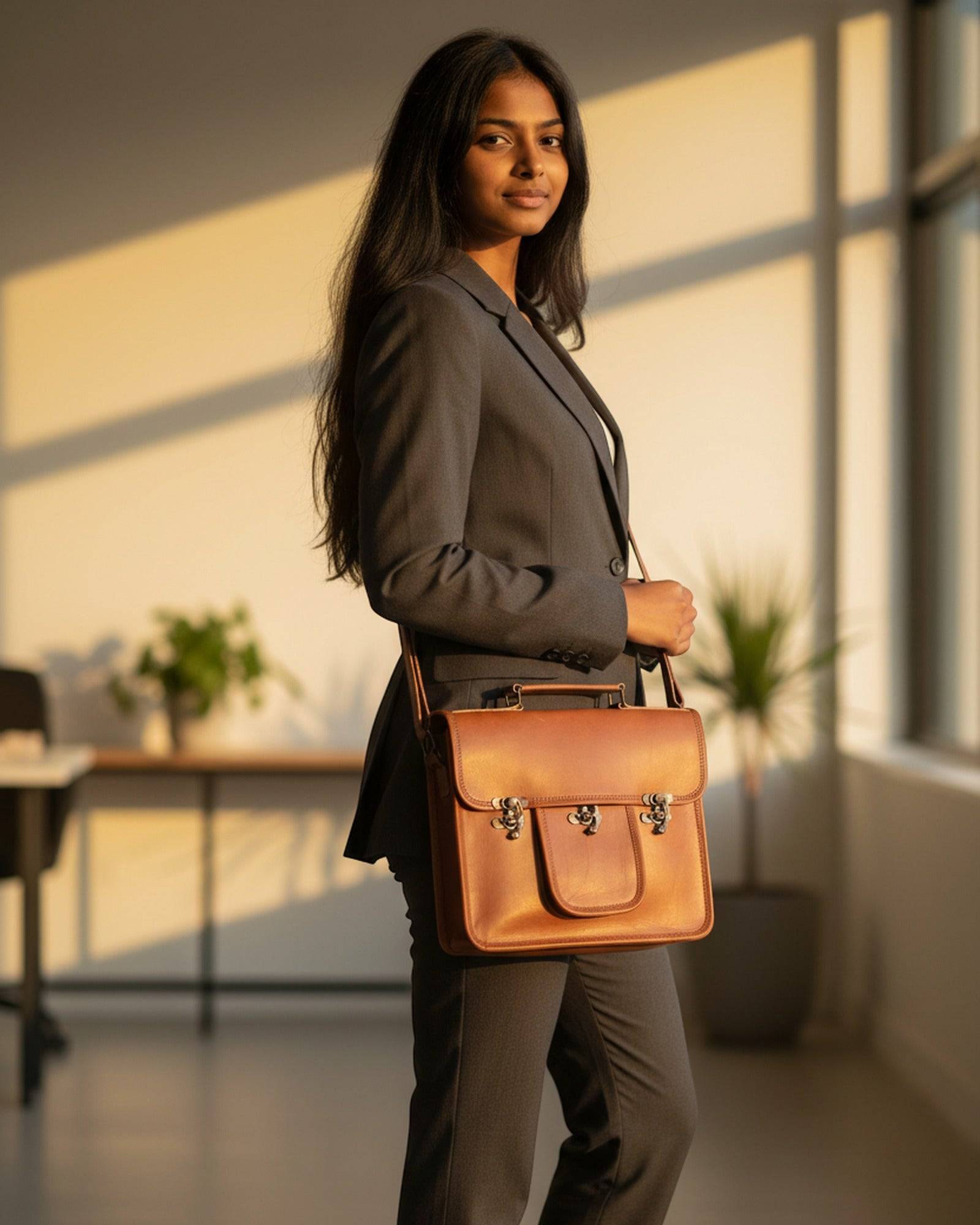 A woman wearing The Malani Messenger crossbody — natural-brown leather messenger