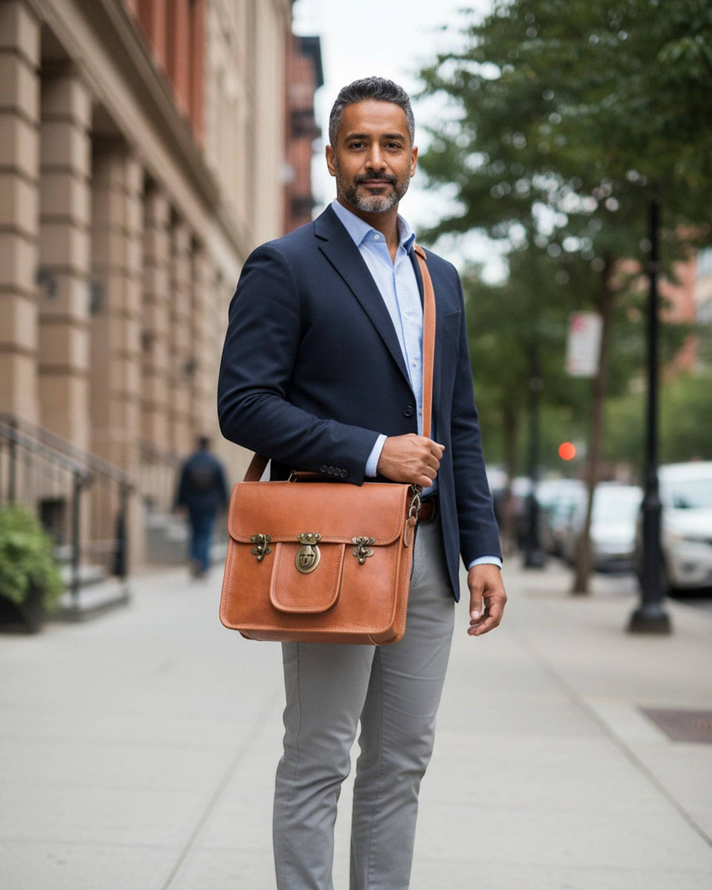 A man wearing The Malani Messenger crossbody — natural-brown leather messenger