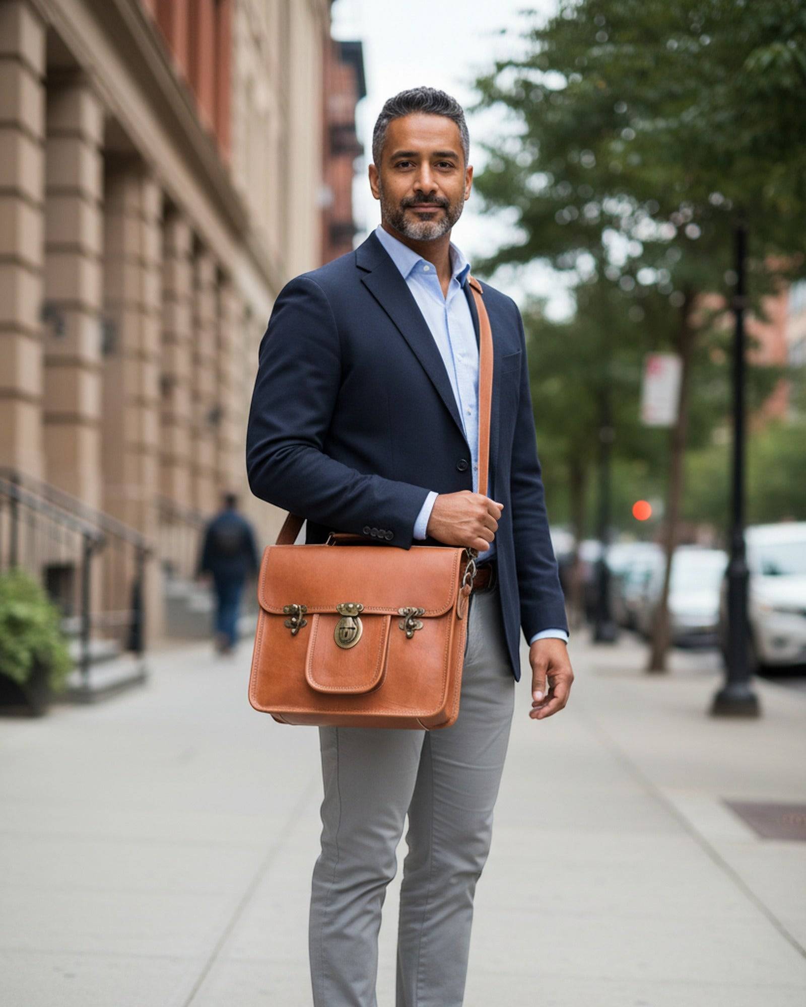 A man wearing The Malani Messenger crossbody — natural-brown leather messenger