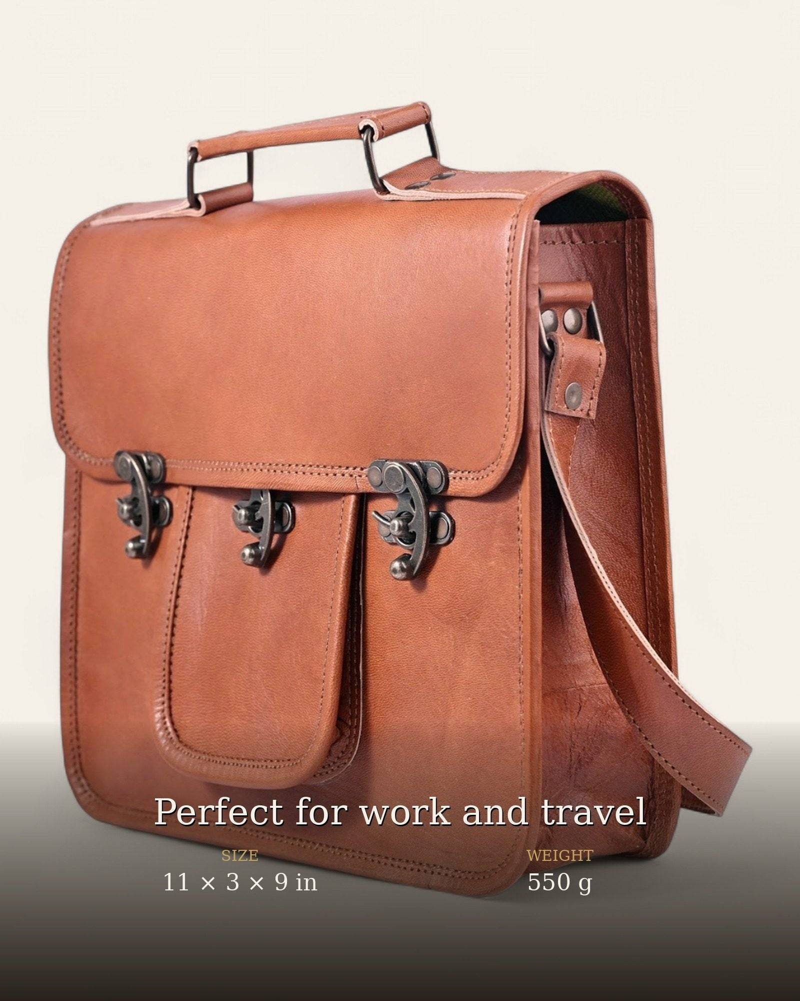The Malani Messenger — three-quarter view, 11 × 3 × 9 in leather messenger
