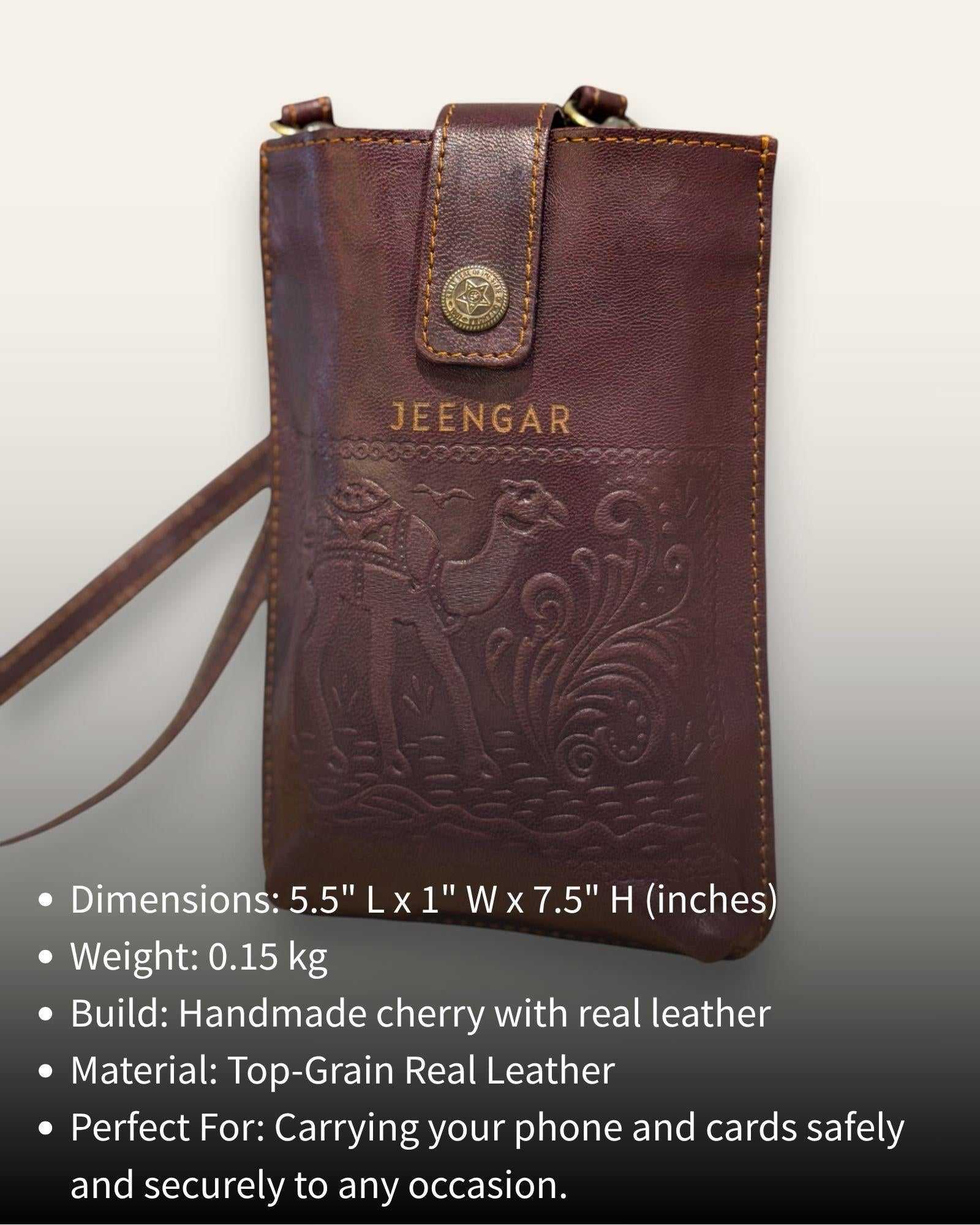 The Osian Mobile Sling — size and dimension details of the embossed cherry leather phone bag