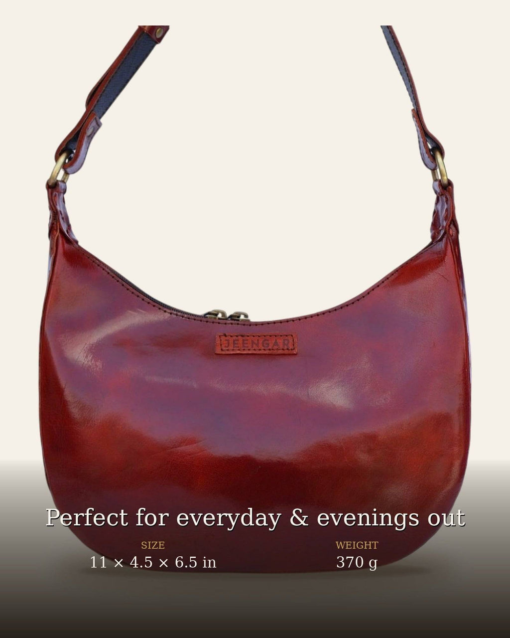 The Ranisar Shoulder Bag in Cherry — dimensions 11 × 4.5 × 6.5 in, 370 g