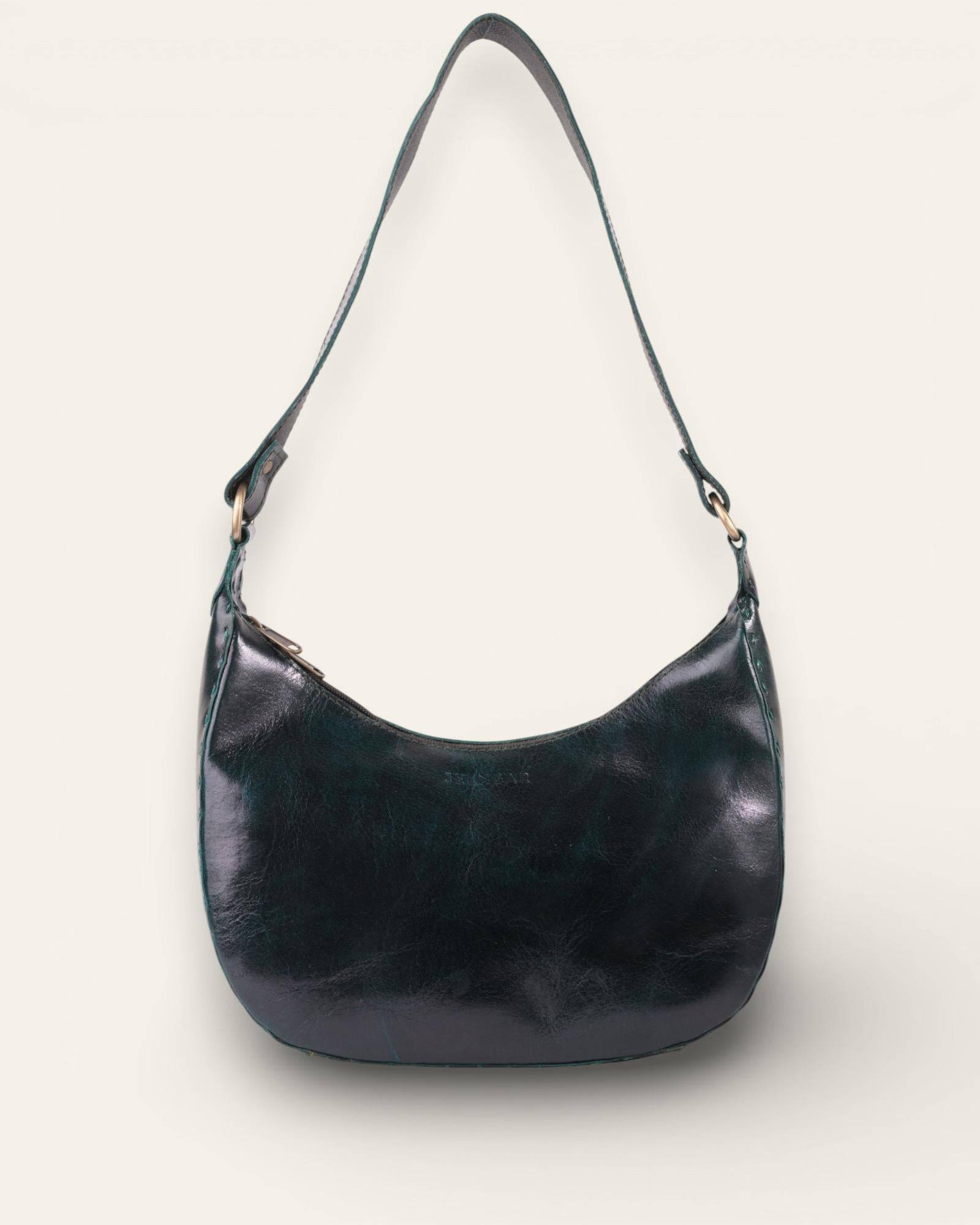 The Ranisar Shoulder Bag in Dark Olive — crescent leather shoulder bag, front view