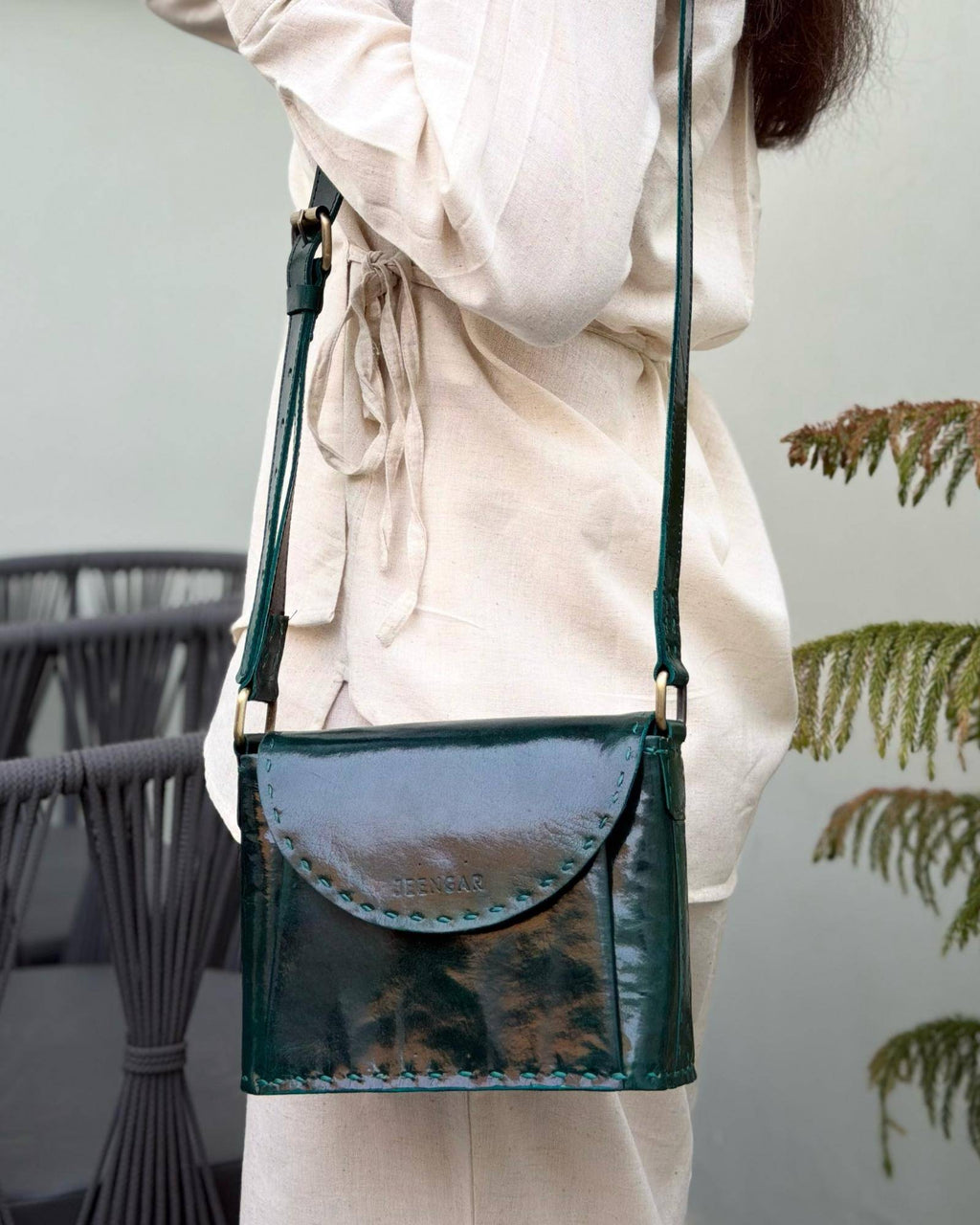 The Beawar Sling in Dark Olive — saddle-stitched real leather sling bag