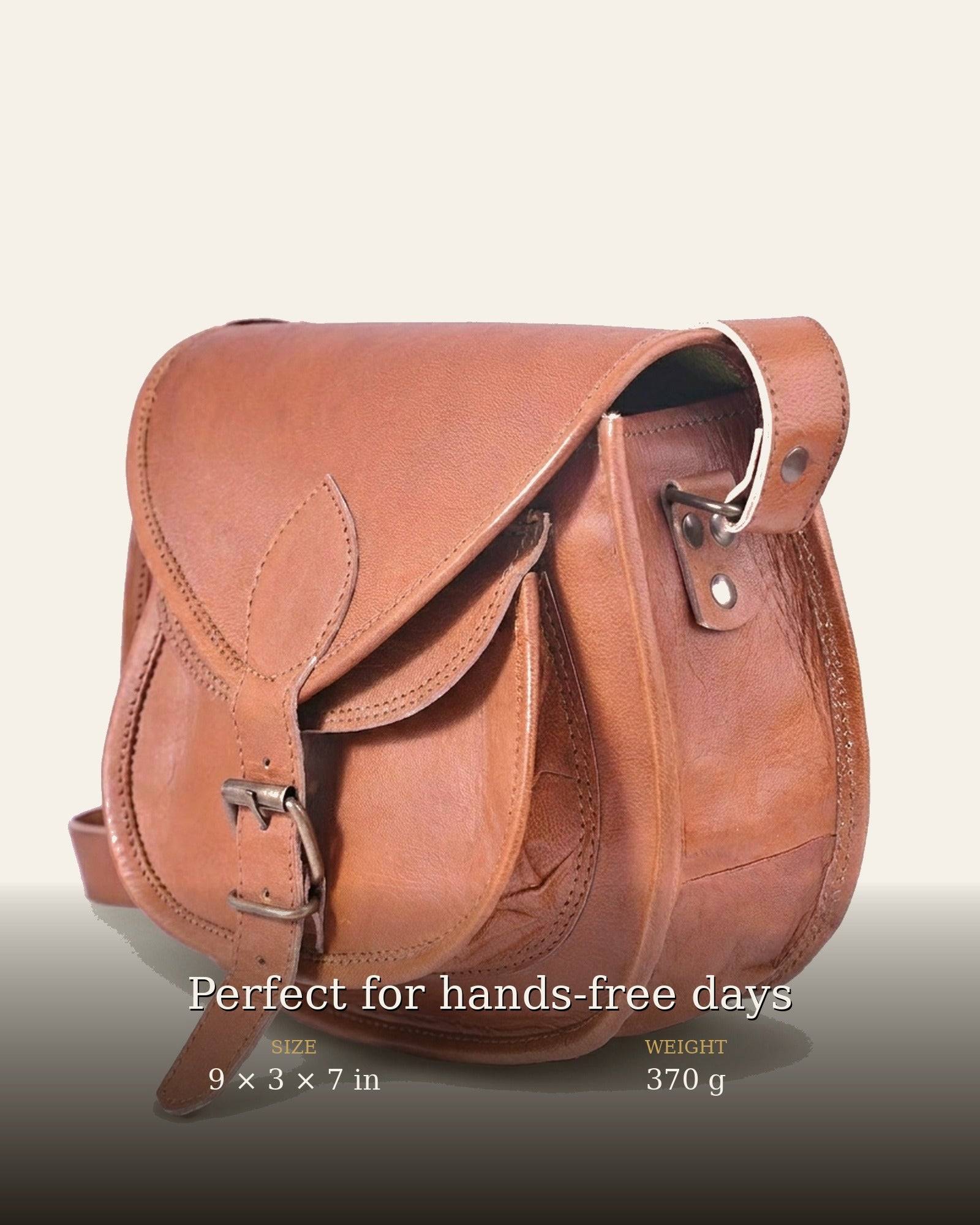 The Marwari Sling in Tan — size 9 x 3 x 7 in, 370 g, perfect for hands-free days