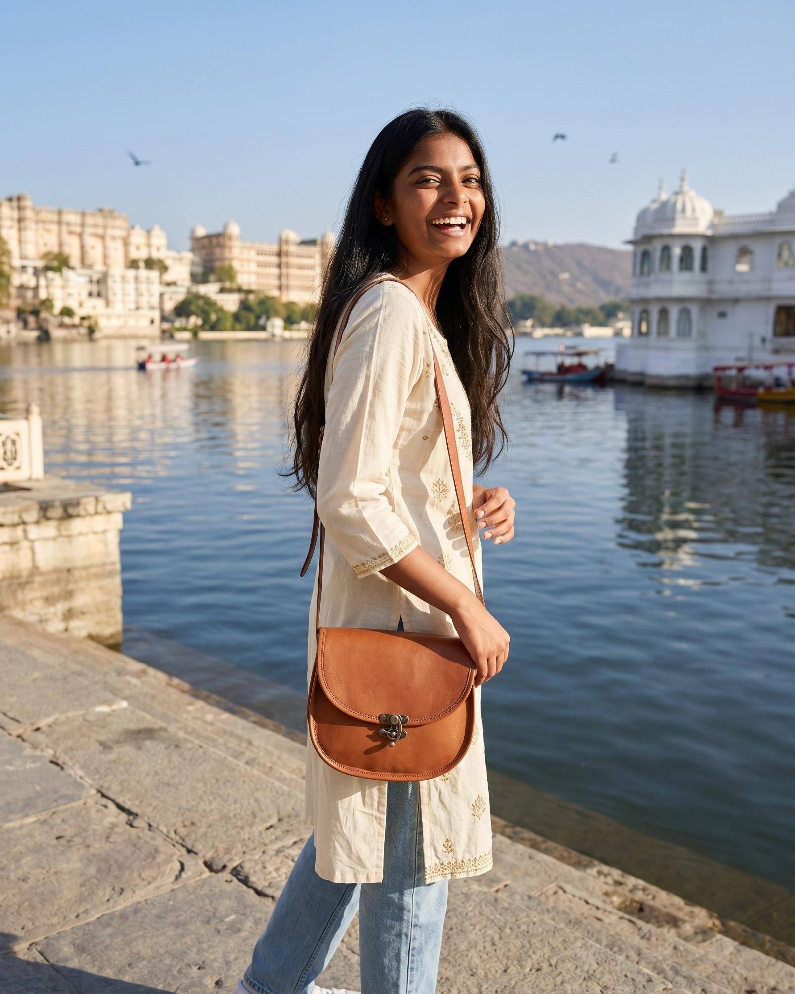 The Udaipur Saddle Bag — antique tuck clasp detail on real goat leather