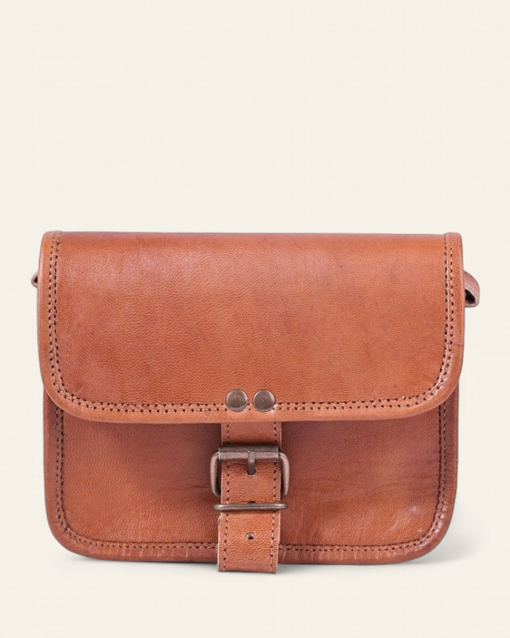 The Alwar Mini Satchel — handcrafted tan real leather mini satchel by Jeengar, front view