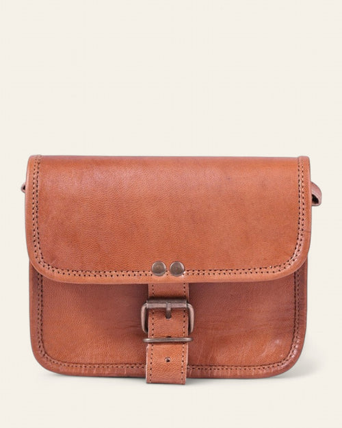 The Alwar Mini Satchel — handcrafted tan real leather mini satchel by Jeengar, front view