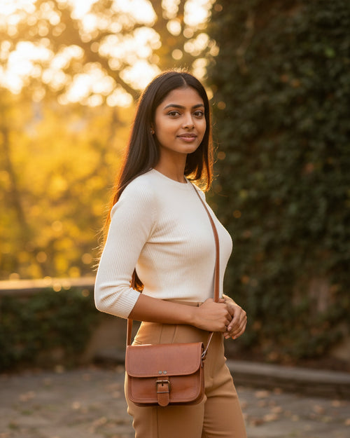 The Alwar Mini Satchel worn cross-body in golden-hour light — tan leather mini satchel