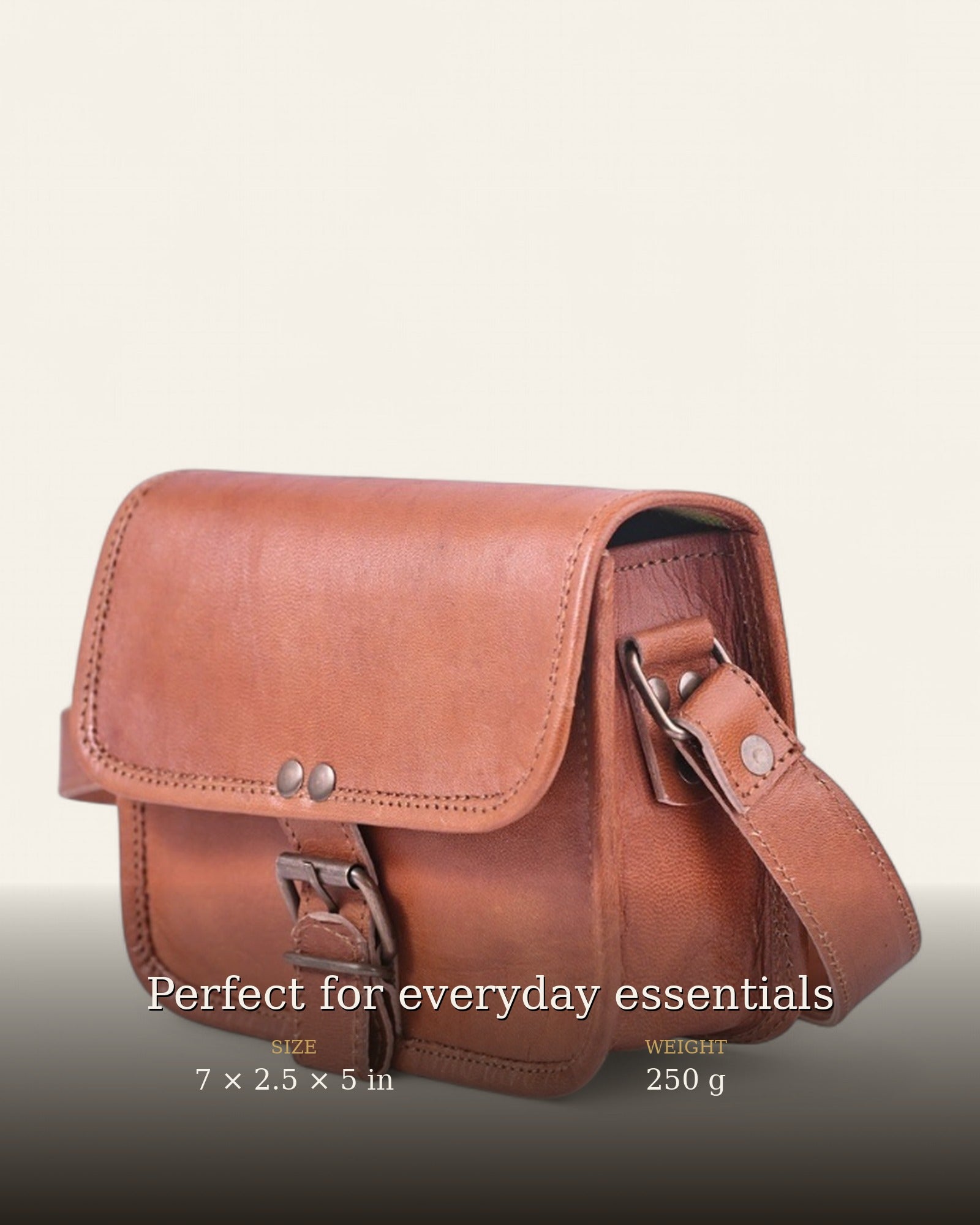 The Alwar Mini Satchel — size and weight details, 7 x 2.5 x 5 in, 250 g