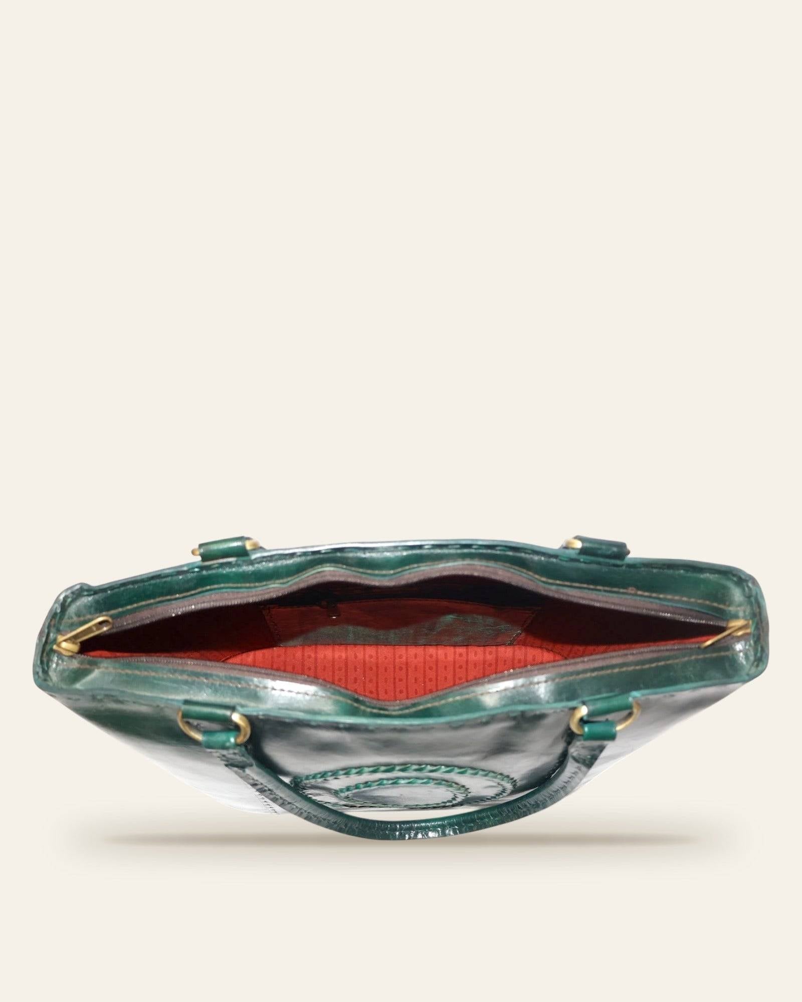 The Rambagh Tote — open interior with red ajrakh-print lining and zip pocket
