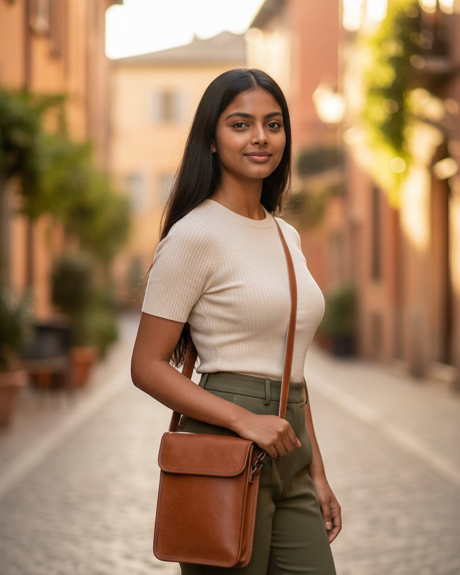 Woman wearing The Phalodi Sling crossbody in golden-hour light