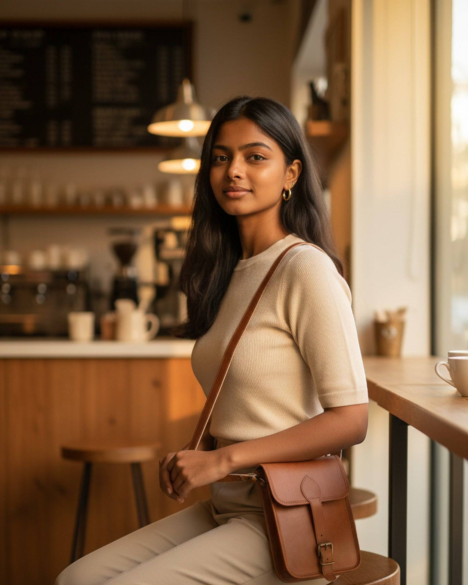 Woman wearing The Amer Sling cross-body — tall tan leather sling