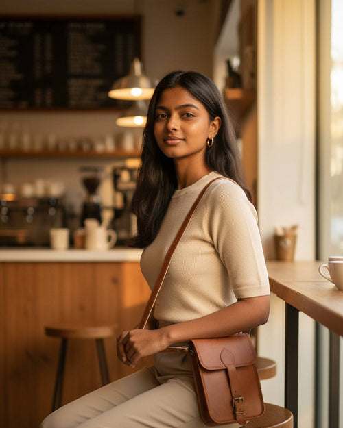 Woman wearing The Amer Sling cross-body — tall tan leather sling
