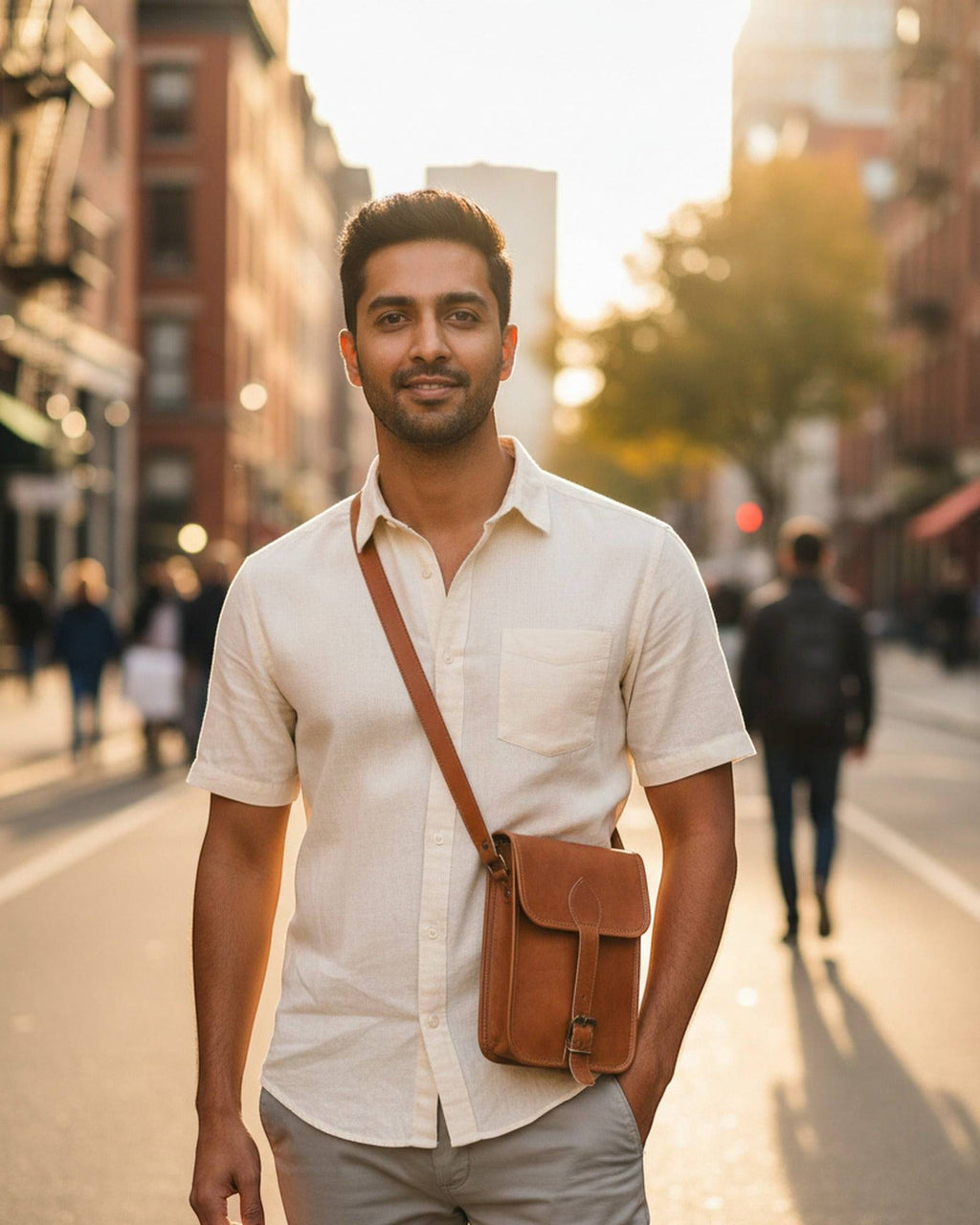Man wearing The Amer Sling cross-body — tall tan leather sling